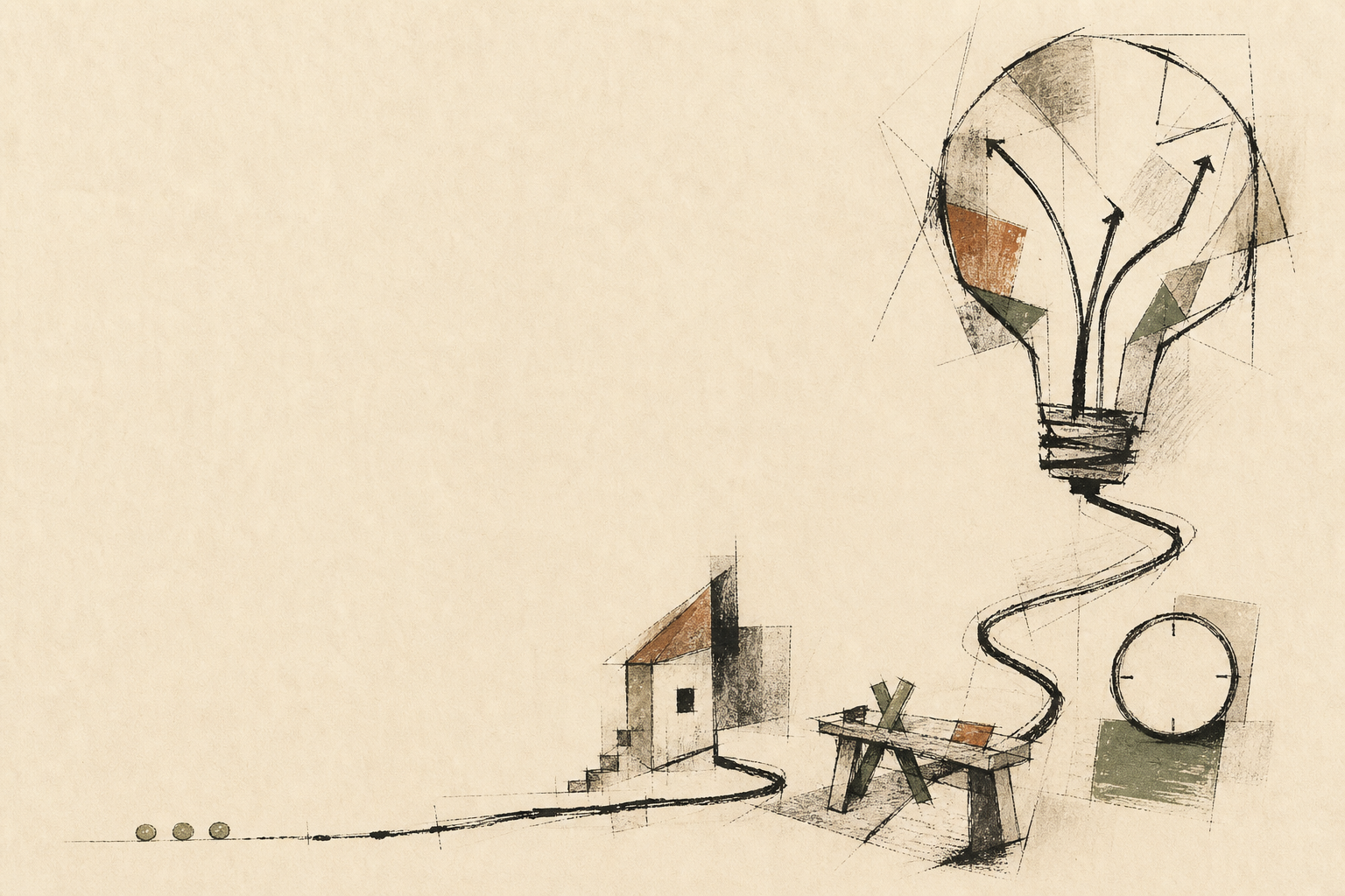 A hand-drawn journey passes coins, a home, workbench and clock before becoming a branching light bulb